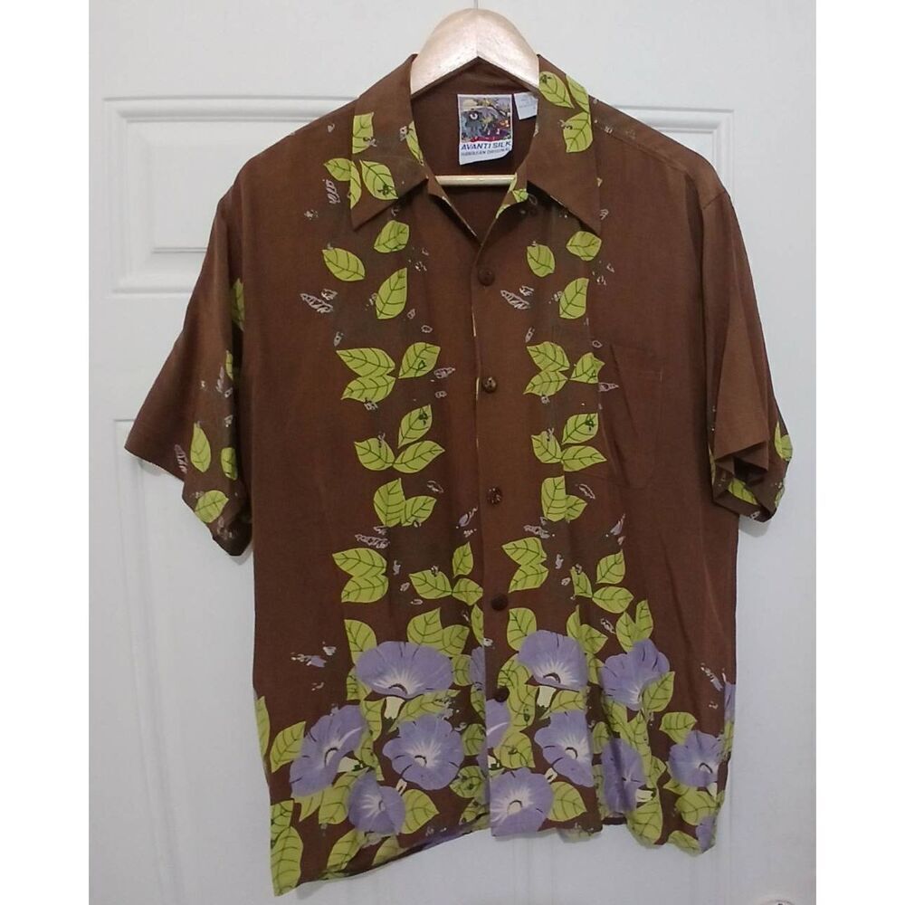 Vintage mens small Avanti 100% silk Hawaiian brown yellow shortsleeve shirt